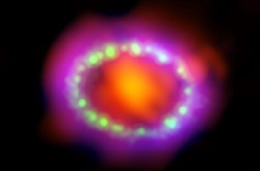 Remnant of SN 1987A seen in light overlays of different spectra. ALMA data (radio, in red) shows newly formed dust in the center of the remnant. Hubble (visible, in green) and Chandra (X-ray, in blue) data show the expanding shock wave.